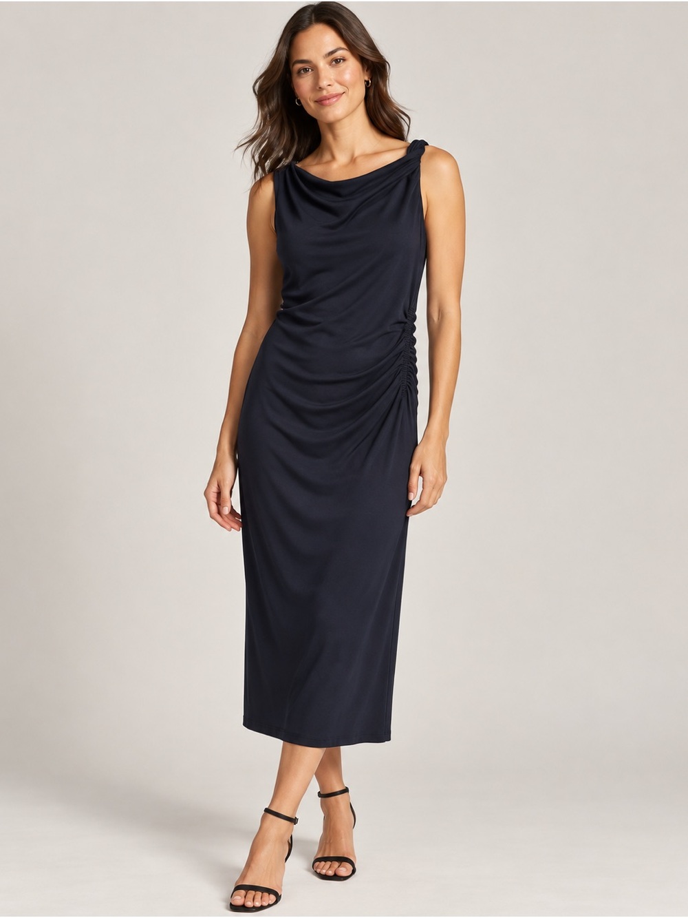 Lou & Grey Navy Asymmetrical Draped Ruched Midi Dress Size L